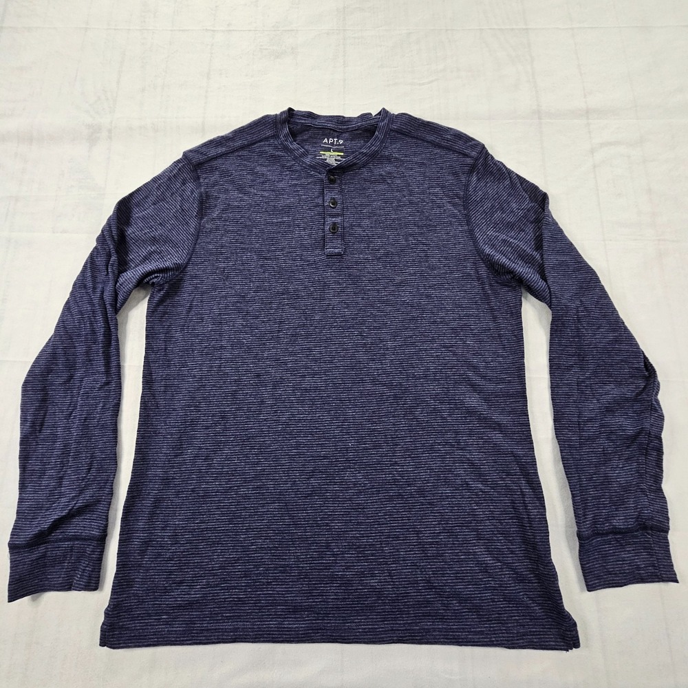 Apt. 9 Premier Flex Blue Striped Long Sleeve Cotton Blend Henley T-Shirt Men's L